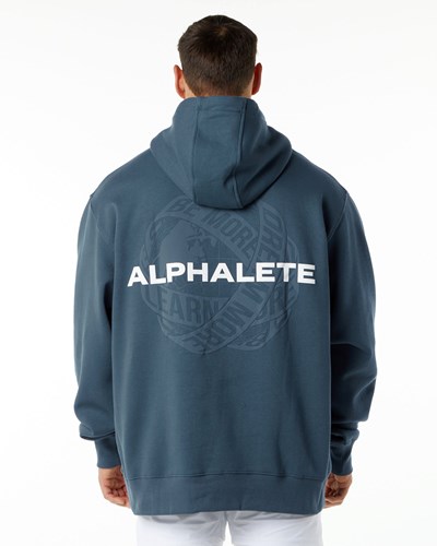 Alphalete Brushed Fleece Grafiką Hoodie Niebieskie | 84163-QHEF