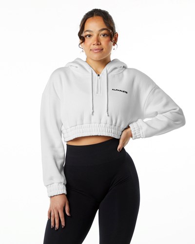 Alphalete Brushed Fleece Half-Zip Crop Hoodie Białe | 09284-WDUN