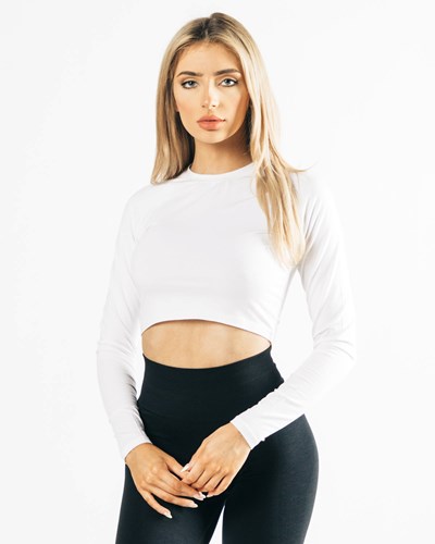 Alphalete Cropped Premium Long Sleeve Białe | 39812-UVJN