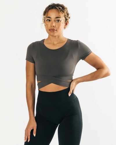 Alphalete Fitted Krótkie Sleeve Tie Top Szare | 35206-PCAM