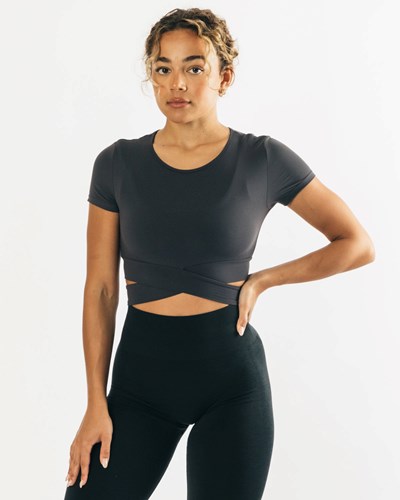 Alphalete Fitted Krótkie Sleeve Tie Top Ciemny Szare | 64518-WEGL