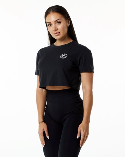 Alphalete Fitted Performance Krótkie Sleeve Crop Czarne | 69128-MGDA