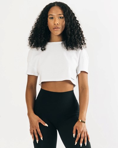 Alphalete Heavy Bawełniane Dropped Shoulder Crop Białe | 51738-FKAJ