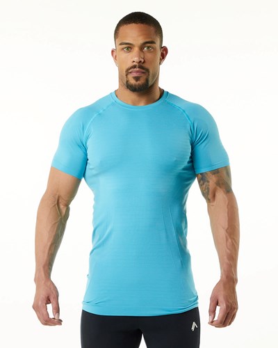 Alphalete High Performance Seamless Krótkie Sleeve Tee Faded Ocean | 07962-FZIQ