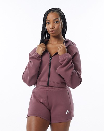 Alphalete Interlock Knit Crop-Zip Hoodie Mauve | 07682-SGMQ