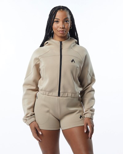 Alphalete Interlock Knit Crop-Zip Hoodie Tan | 62875-PMVR