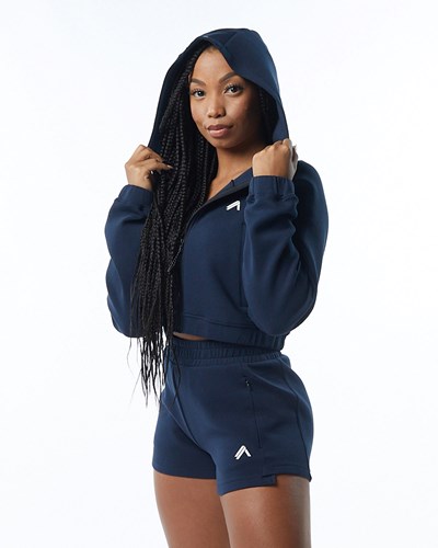 Alphalete Interlock Knit Crop-Zip Hoodie Granatowe | 82319-QWST