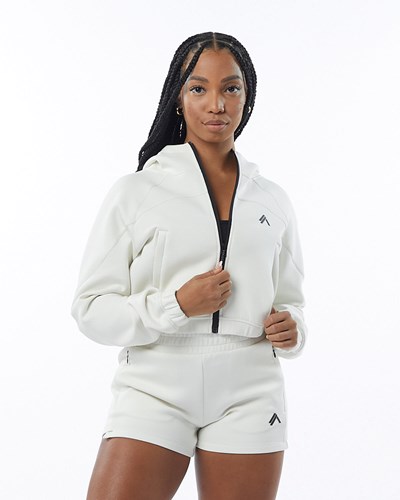 Alphalete Interlock Knit Crop-Zip Hoodie Kremowe | 95728-RFTV