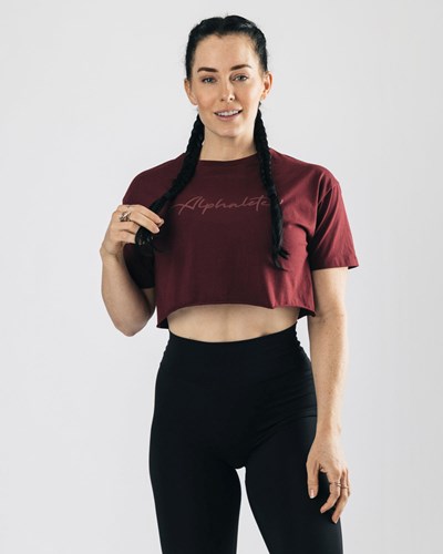 Alphalete Oversized Raw-Cut Krótkie Sleeve Crop Bordowe | 49863-GLCR