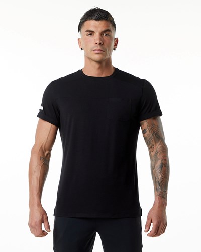 Alphalete Premium Krótkie Sleeve Pocket Tee Czarne | 25763-LXJT