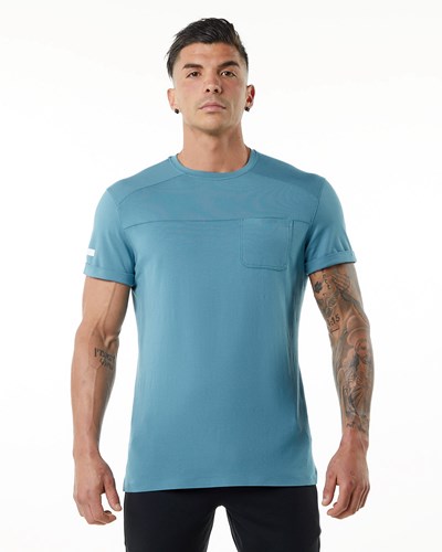 Alphalete Premium Krótkie Sleeve Pocket Tee Niebieskie | 56803-AHPY