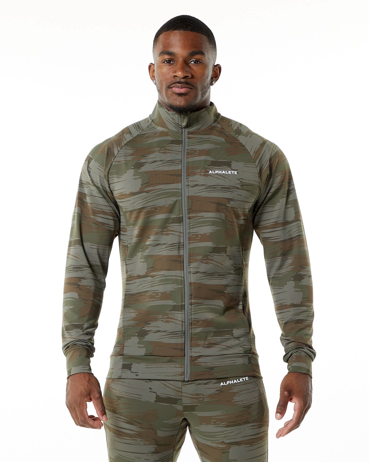 Alphalete 4-Way Stretch Track Jacket Oliwkowe Camo | 52089-QSRO