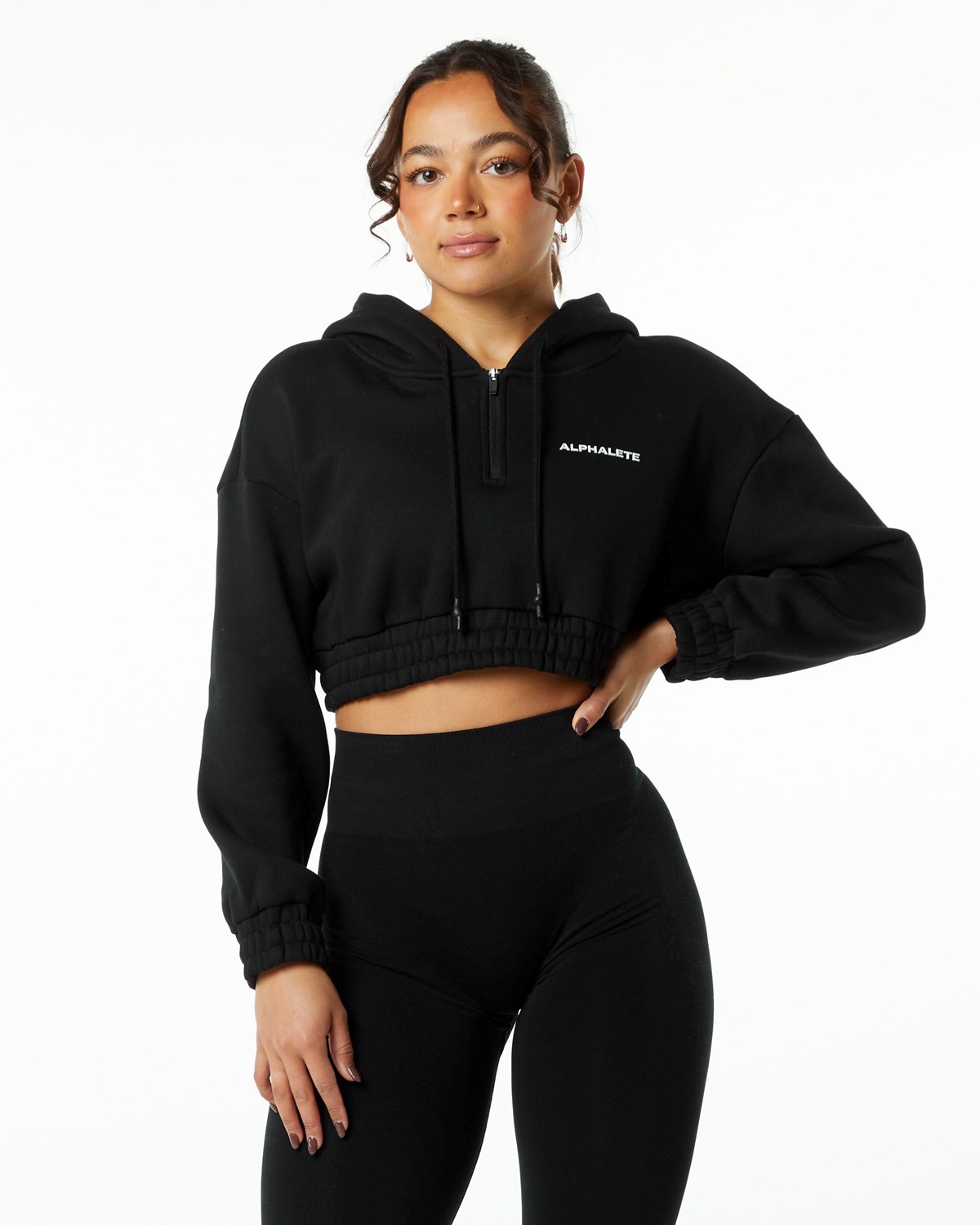 Alphalete Brushed Fleece Half-Zip Crop Hoodie Czarne | 21873-BFQM