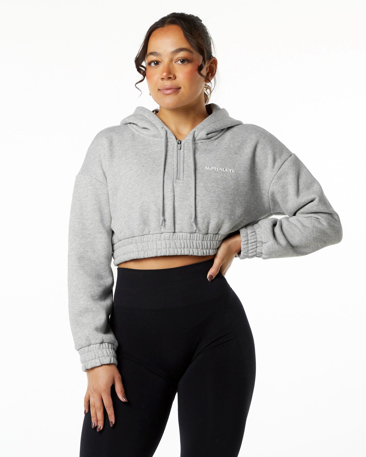 Alphalete Brushed Fleece Half-Zip Crop Hoodie Szare | 61054-OZFH