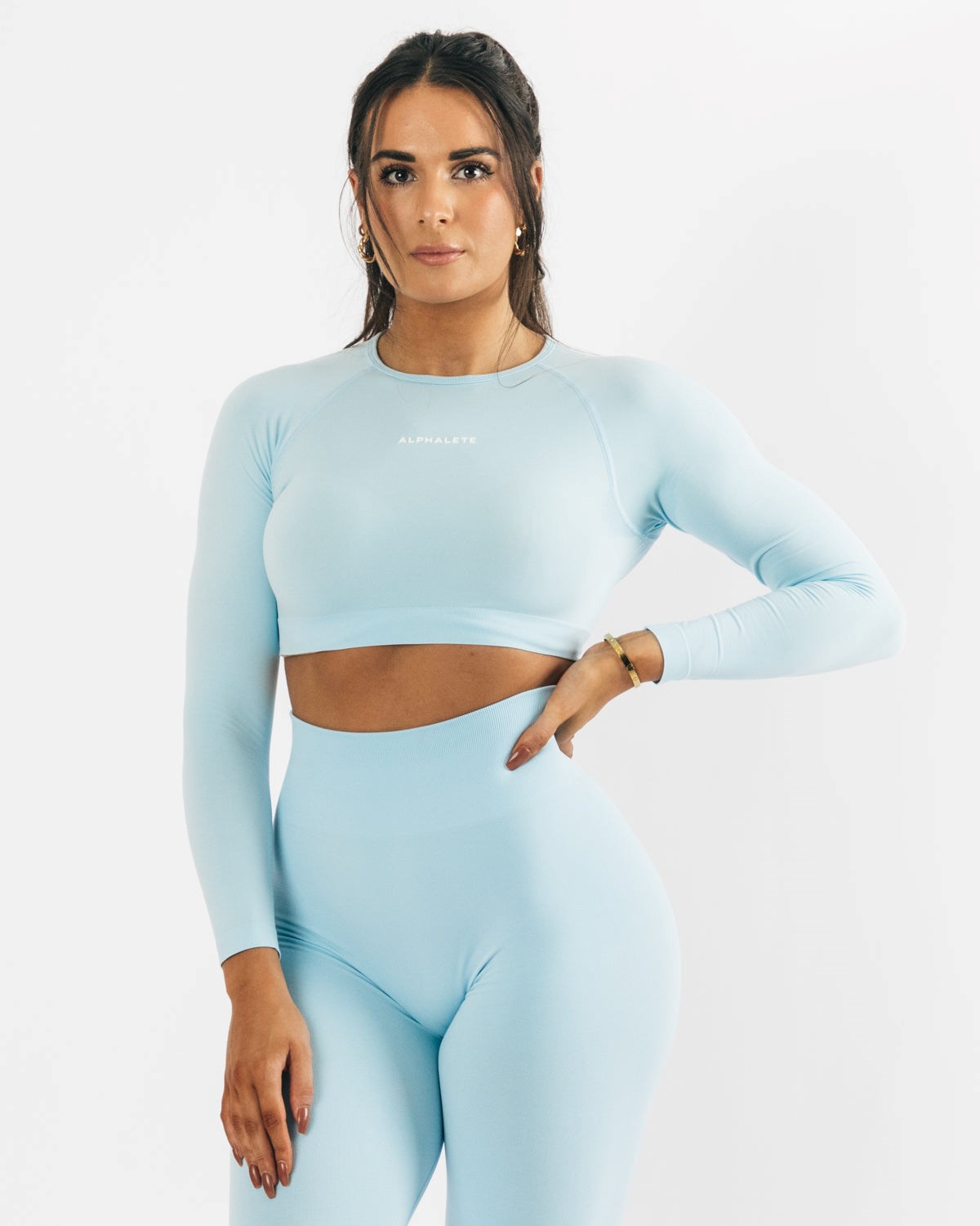 Alphalete Cropped Seamless Long Sleeve Niebieskie | 58417-LNAM