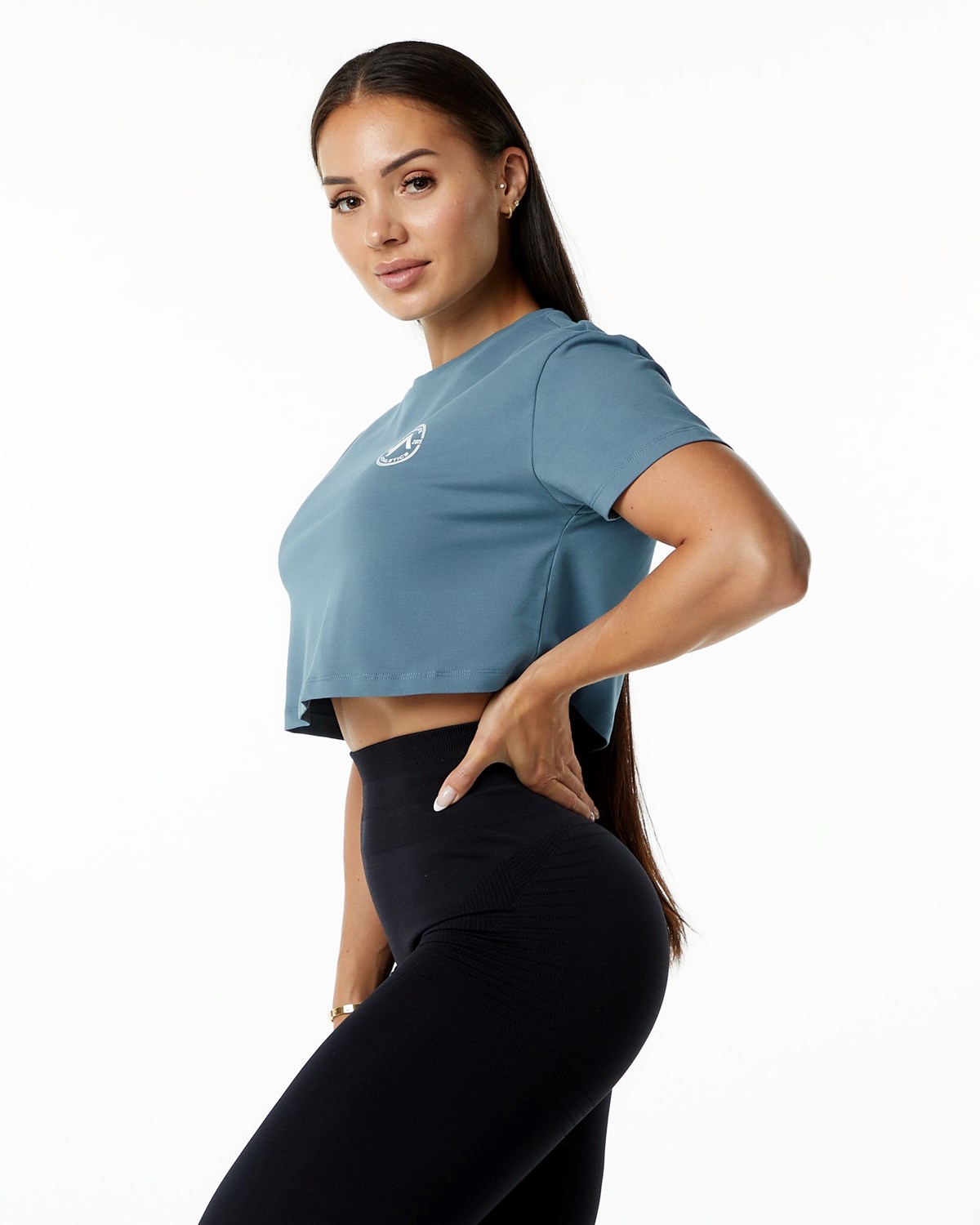 Alphalete Fitted Performance Krótkie Sleeve Crop Niebieskie | 20457-DYPR