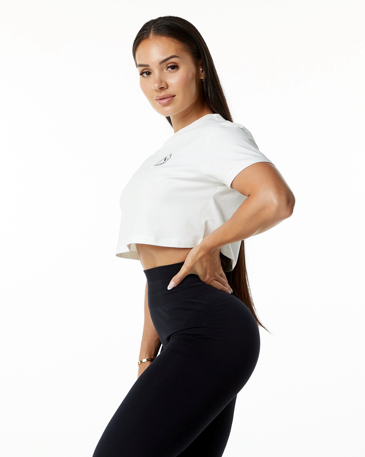 Alphalete Fitted Performance Krótkie Sleeve Crop Białe | 38670-XFJH