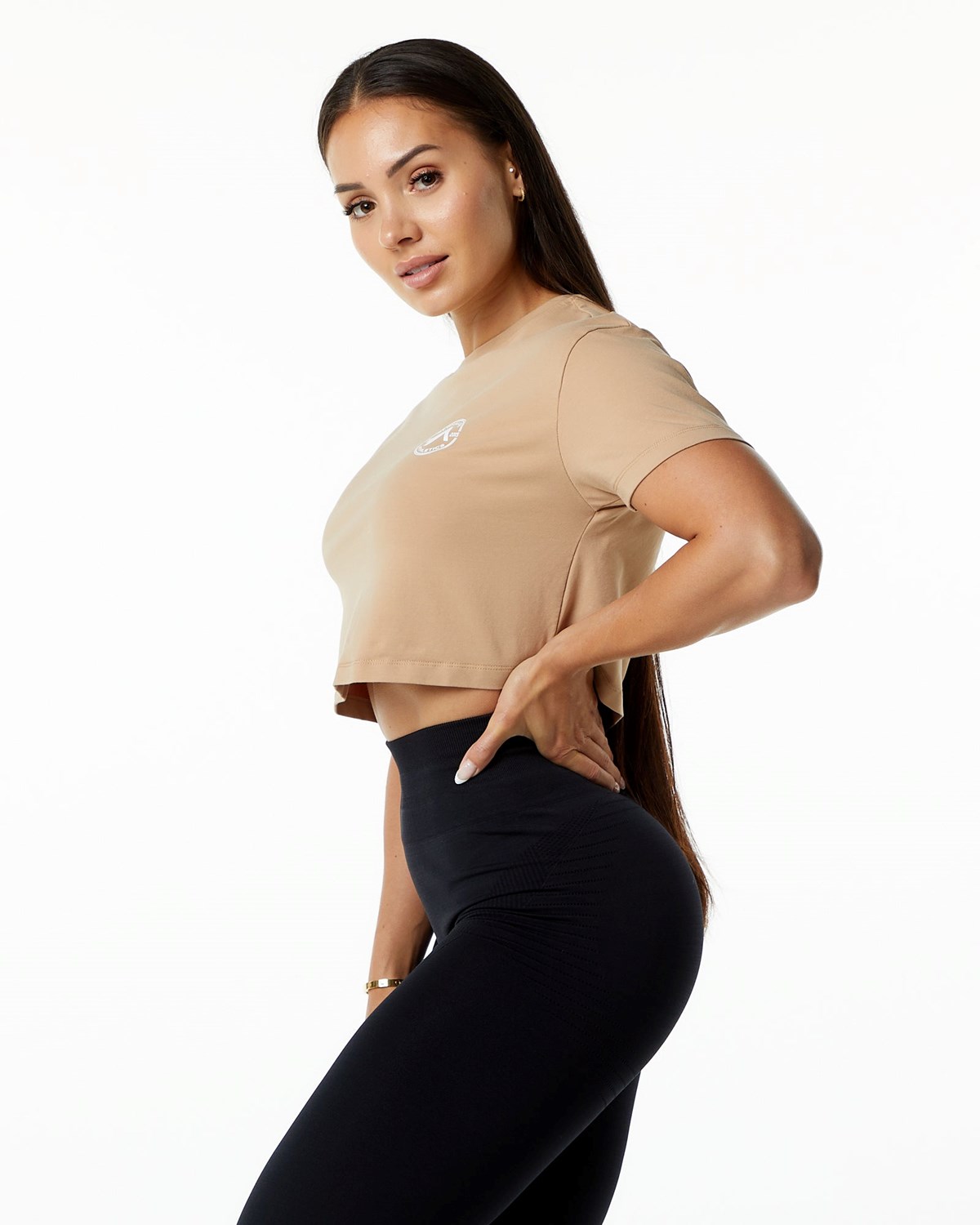 Alphalete Fitted Performance Krótkie Sleeve Crop Taupe | 50879-SJKW