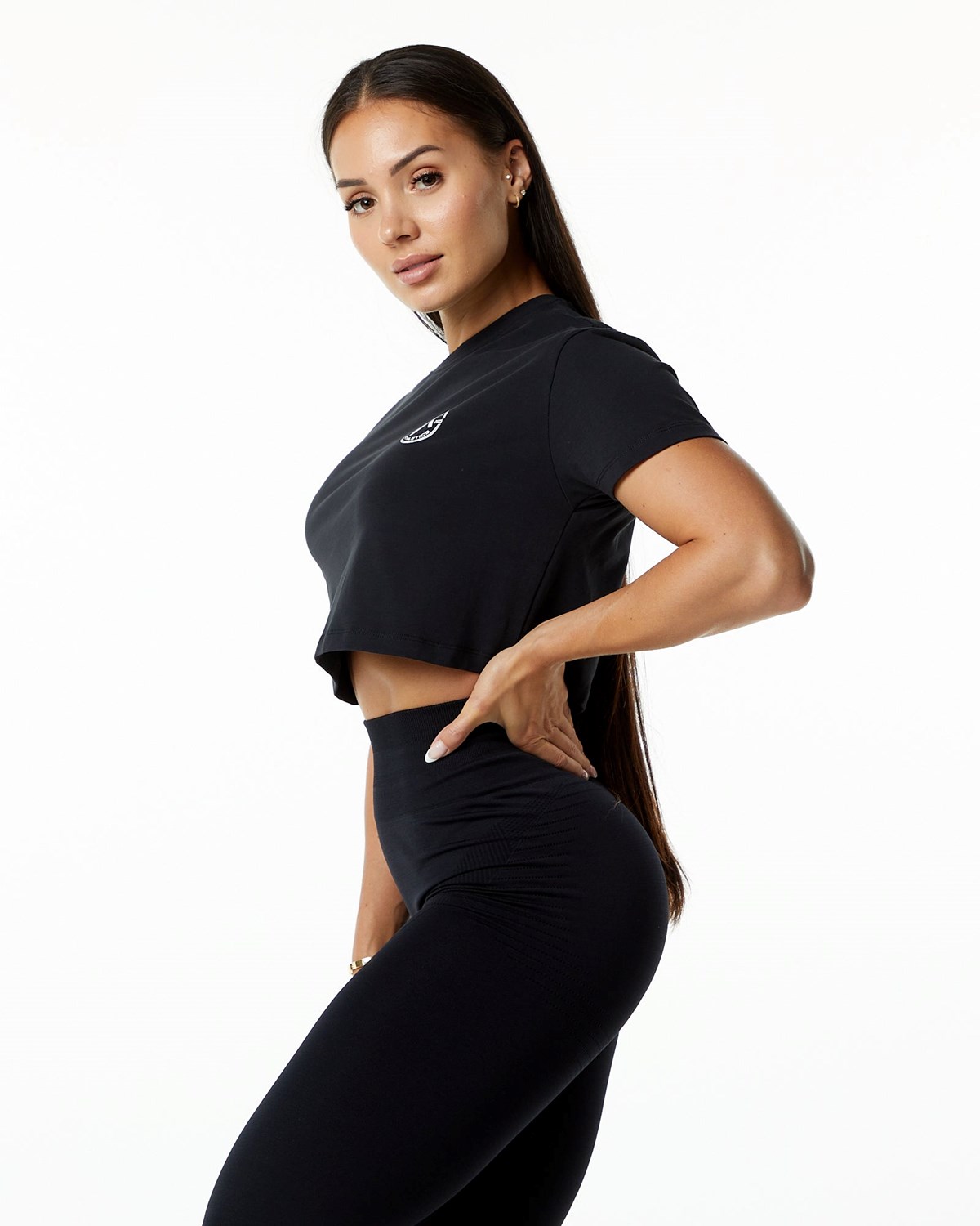 Alphalete Fitted Performance Krótkie Sleeve Crop Czarne | 69128-MGDA