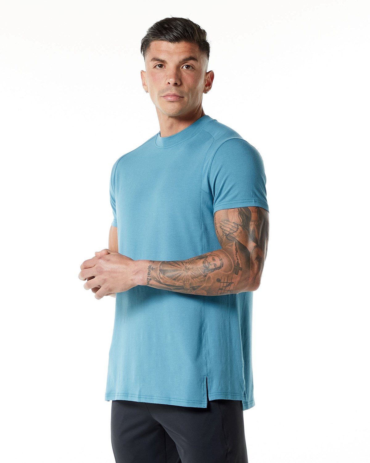 Alphalete High-Neck Premium Krótkie Sleeve Tee Niebieskie | 53241-IJAT