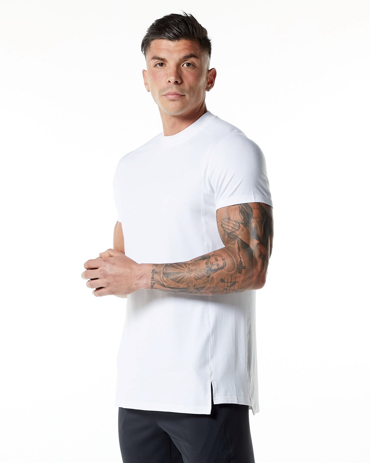 Alphalete High-Neck Premium Krótkie Sleeve Tee Białe | 72809-QLMF