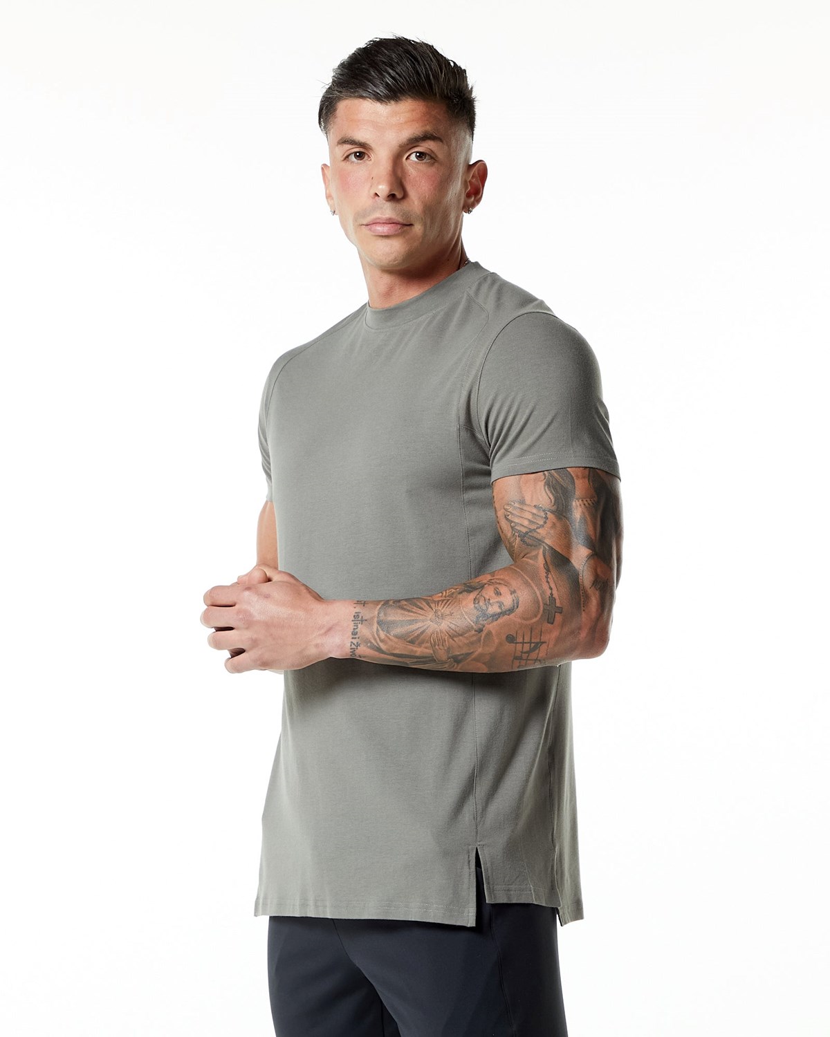 Alphalete High-Neck Premium Krótkie Sleeve Tee Szare | 89431-KFJQ