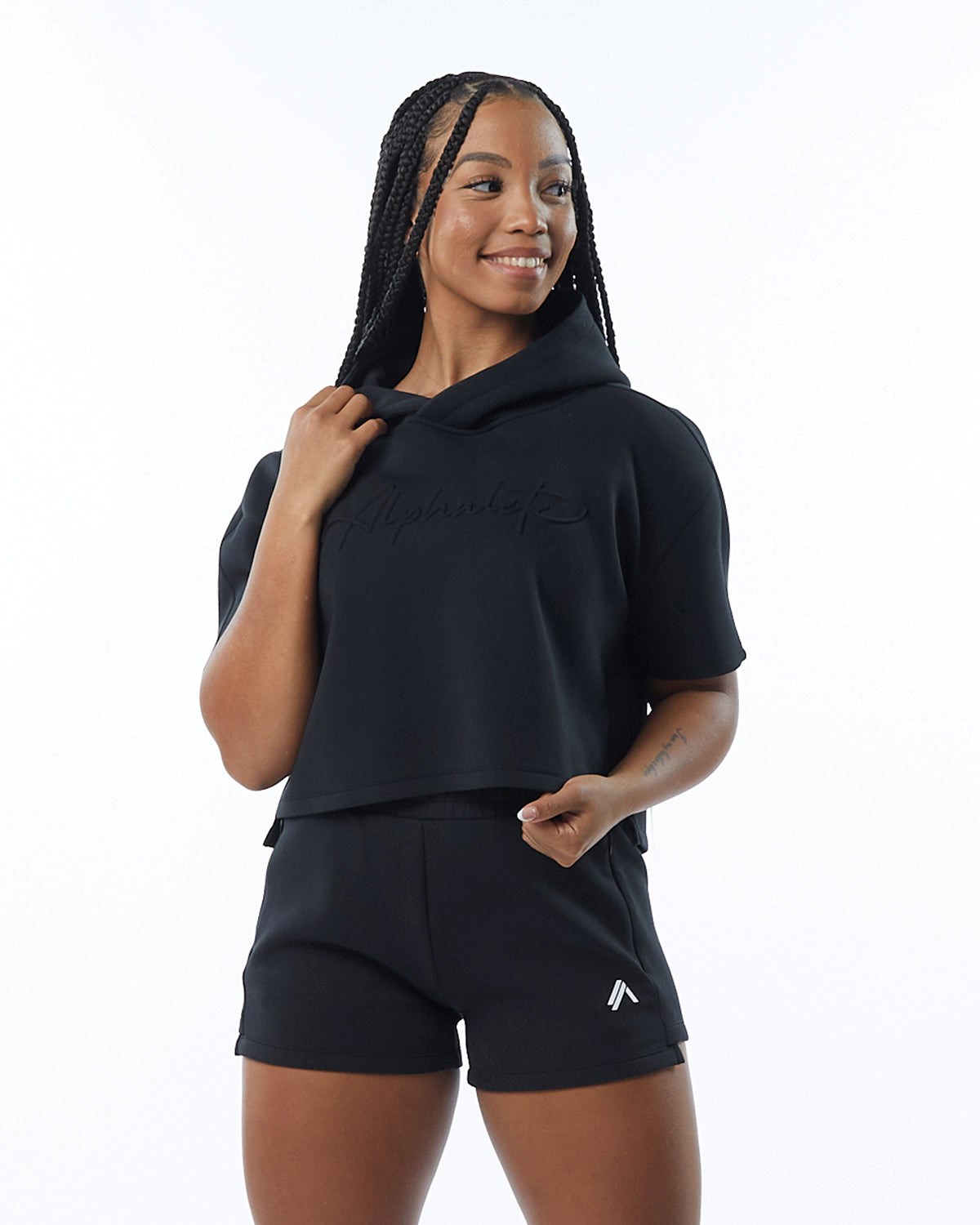 Alphalete Interlock Knit Crop Hoodie Czarne | 50942-DXCB