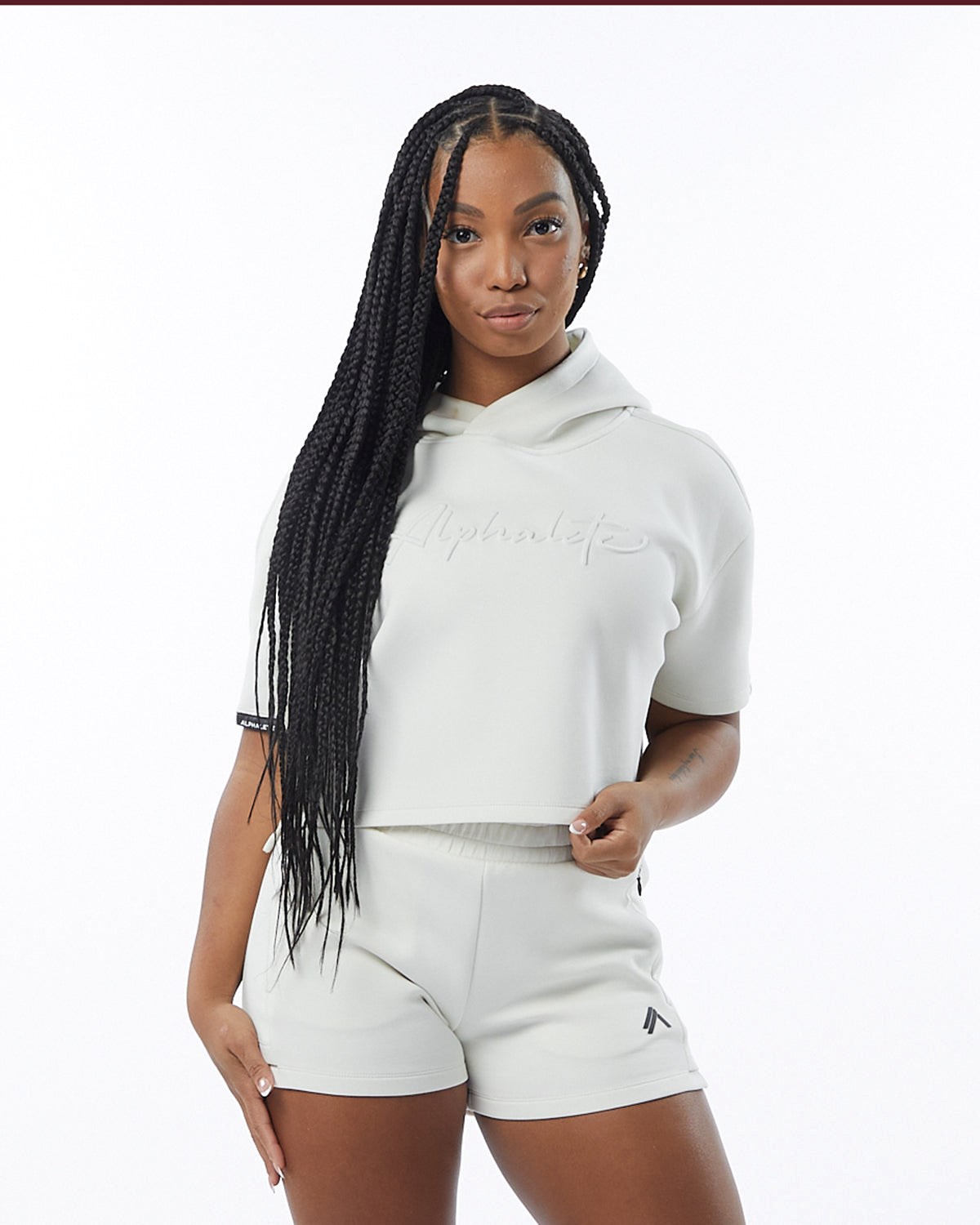 Alphalete Interlock Knit Crop Hoodie Kremowe | 63824-VXEJ