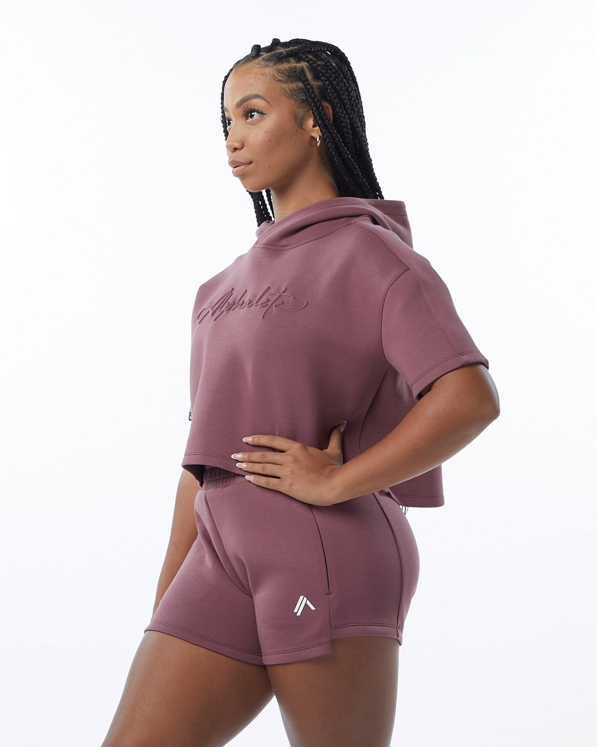 Alphalete Interlock Knit Crop Hoodie Mauve | 47256-CPOH