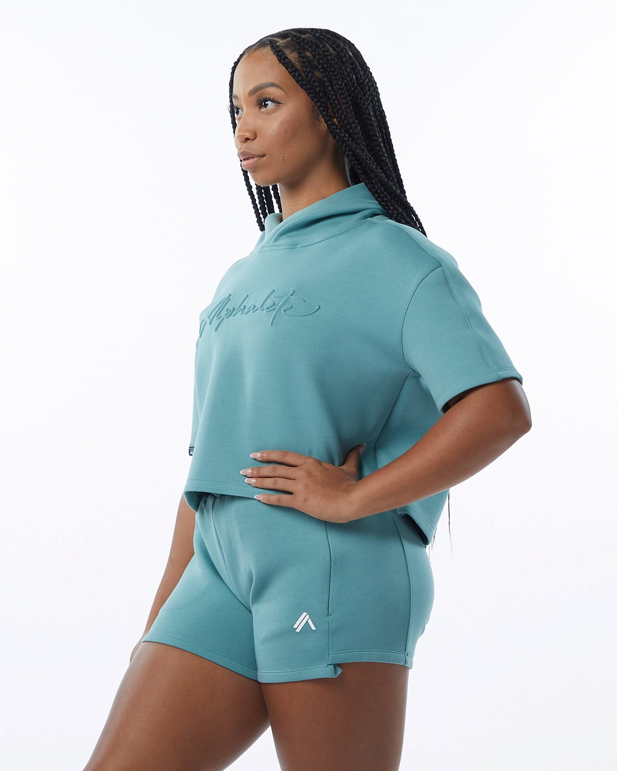 Alphalete Interlock Knit Crop Hoodie Teal | 90653-ENDX