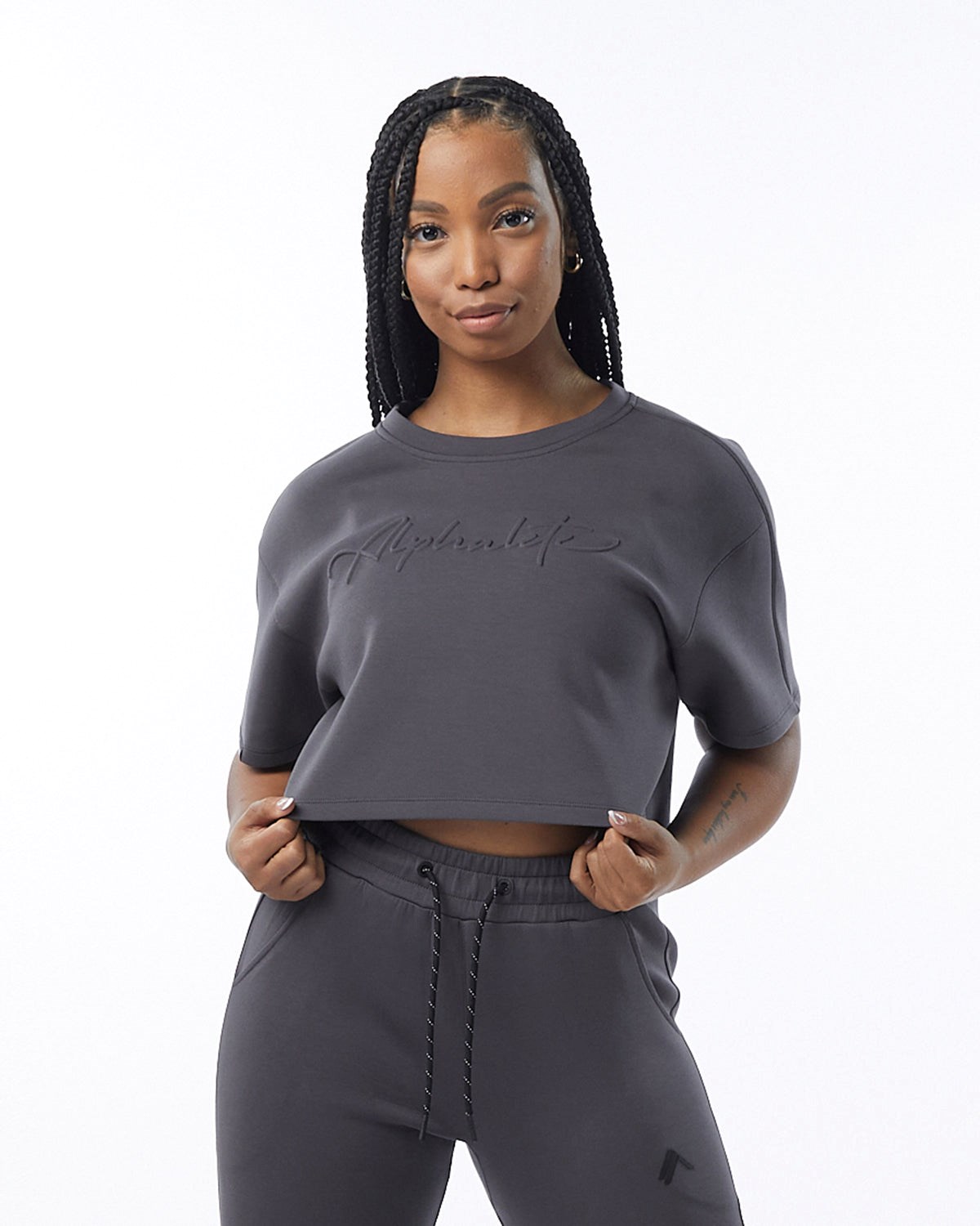 Alphalete Interlock Knit Crop Pullover Charcoal | 72180-CJPS