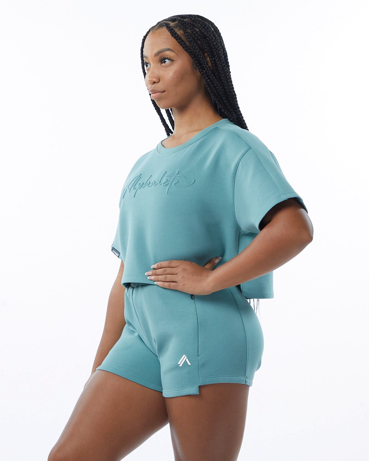 Alphalete Interlock Knit Crop Pullover Teal | 25096-PUFE