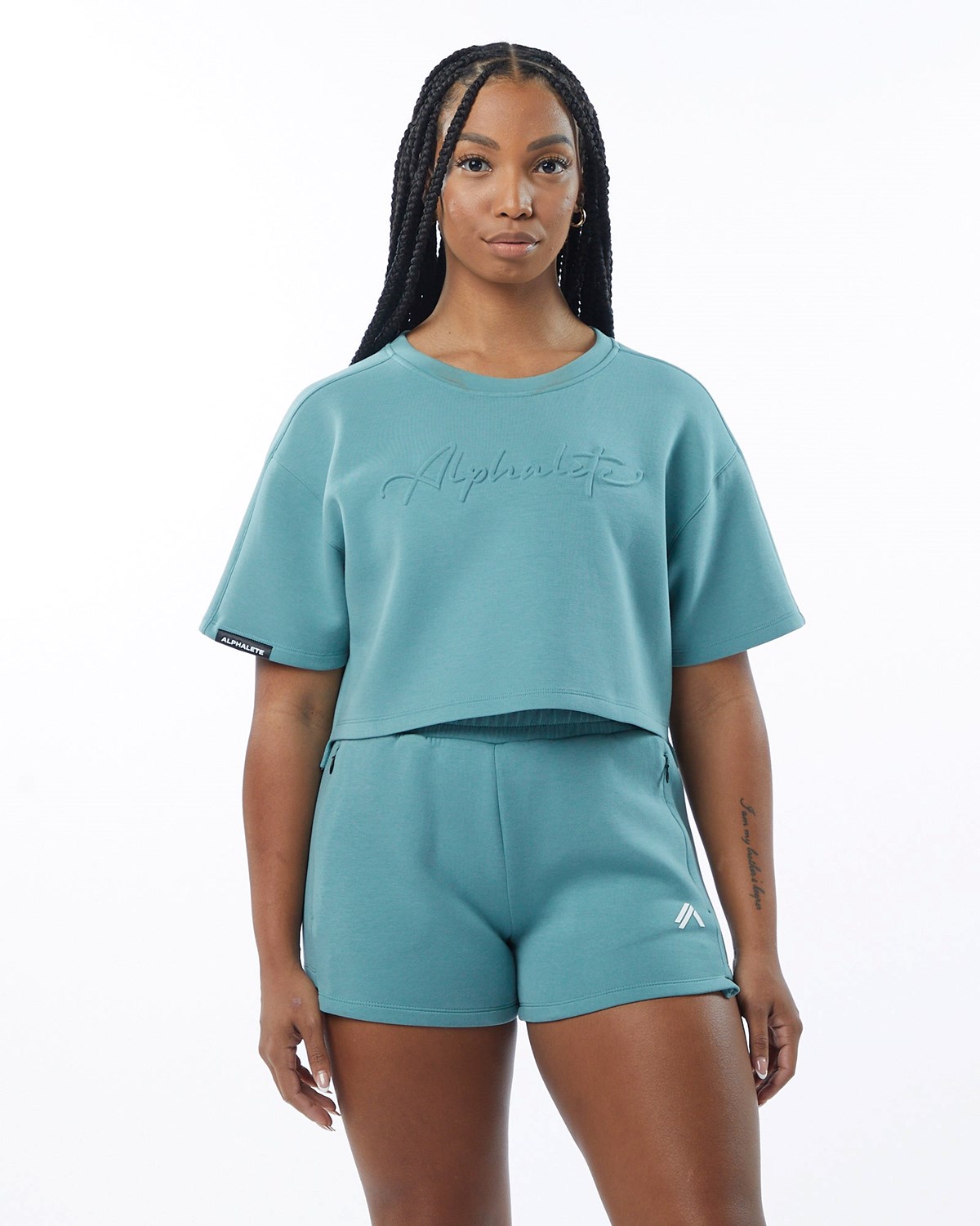 Alphalete Interlock Knit Crop Pullover Teal | 25096-PUFE