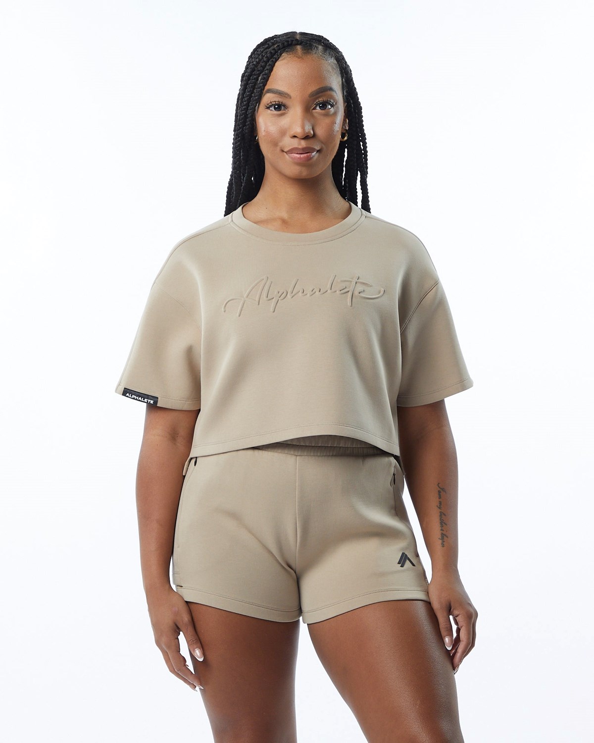 Alphalete Interlock Knit Crop Pullover Tan | 84327-QHJN