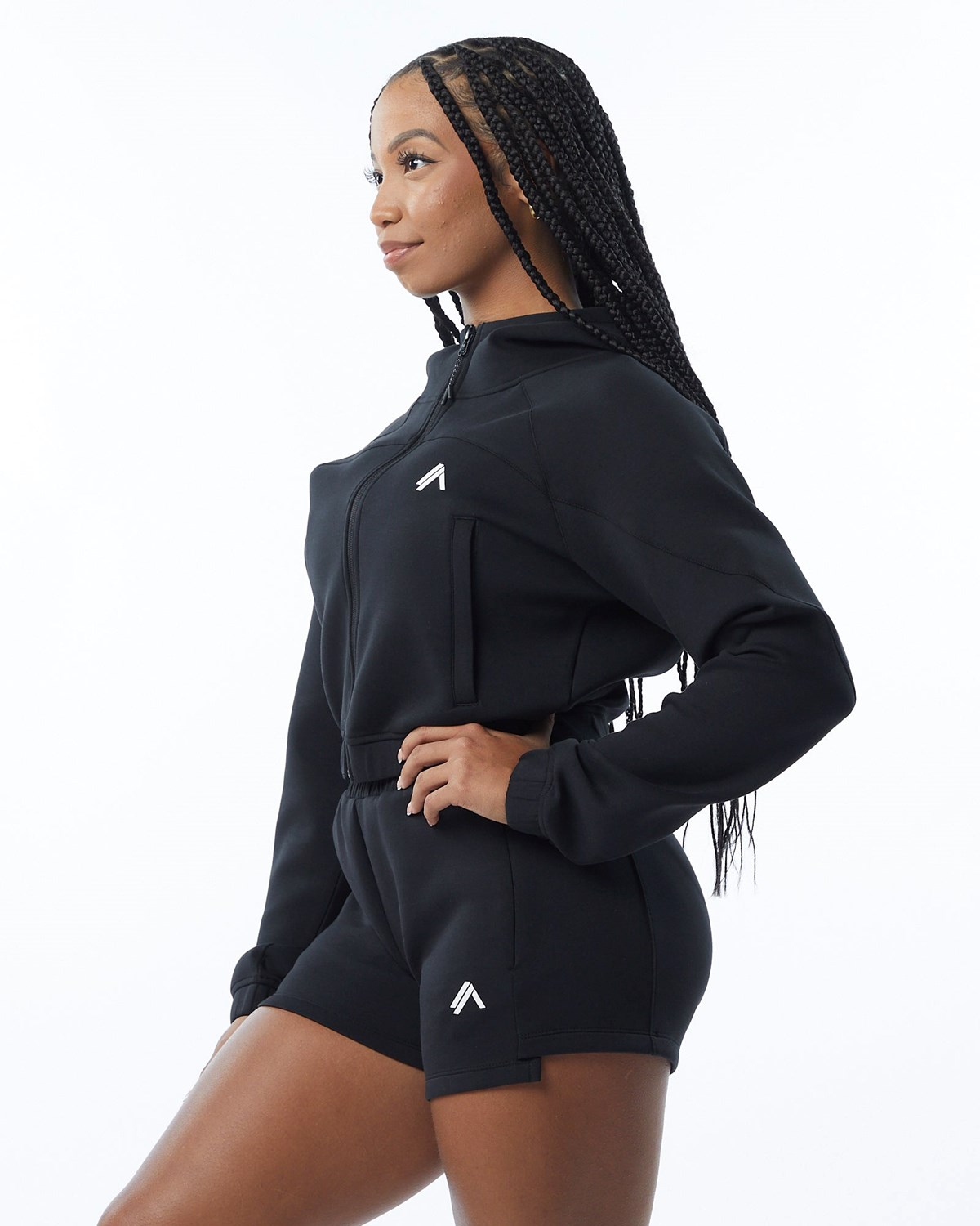 Alphalete Interlock Knit Crop-Zip Hoodie Czarne | 60249-DFAP