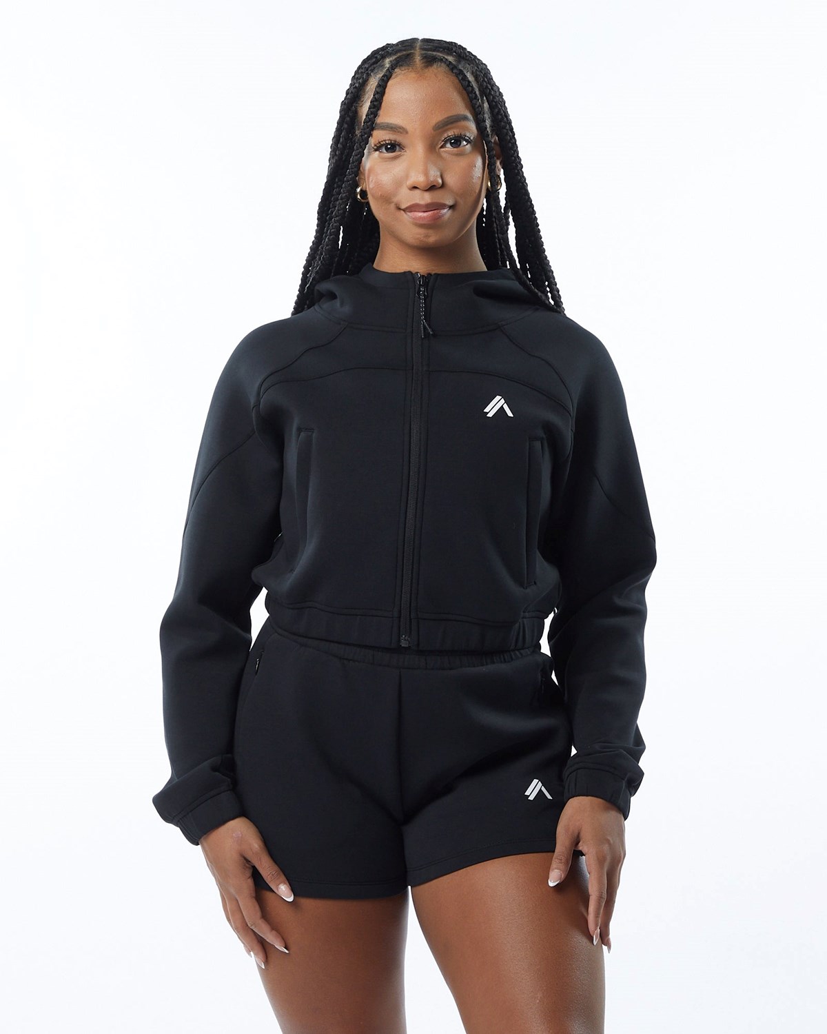 Alphalete Interlock Knit Crop-Zip Hoodie Czarne | 60249-DFAP