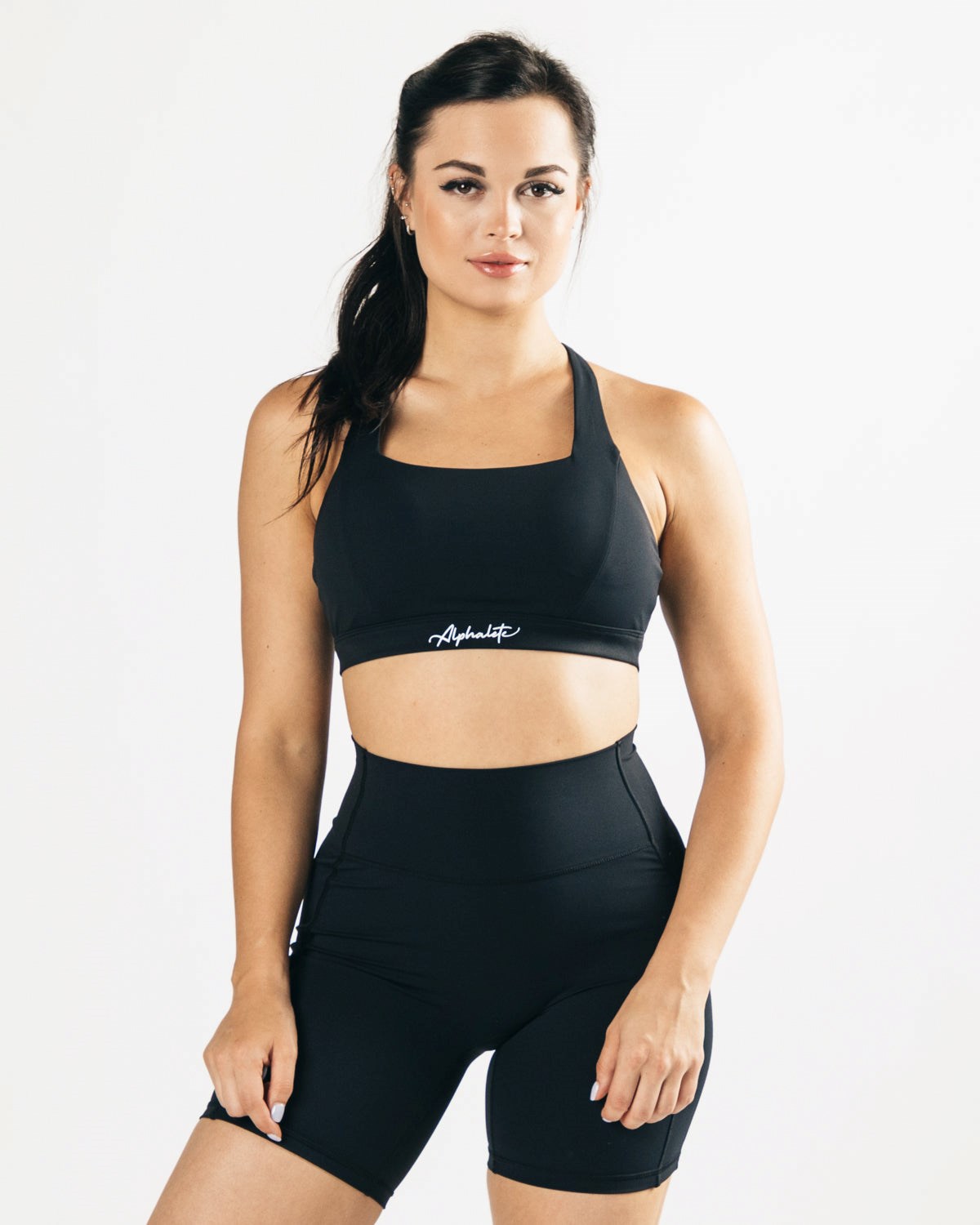 Alphalete Medium-Support Paskiem Open Back Sports Bra Czarne | 26359-MZGH