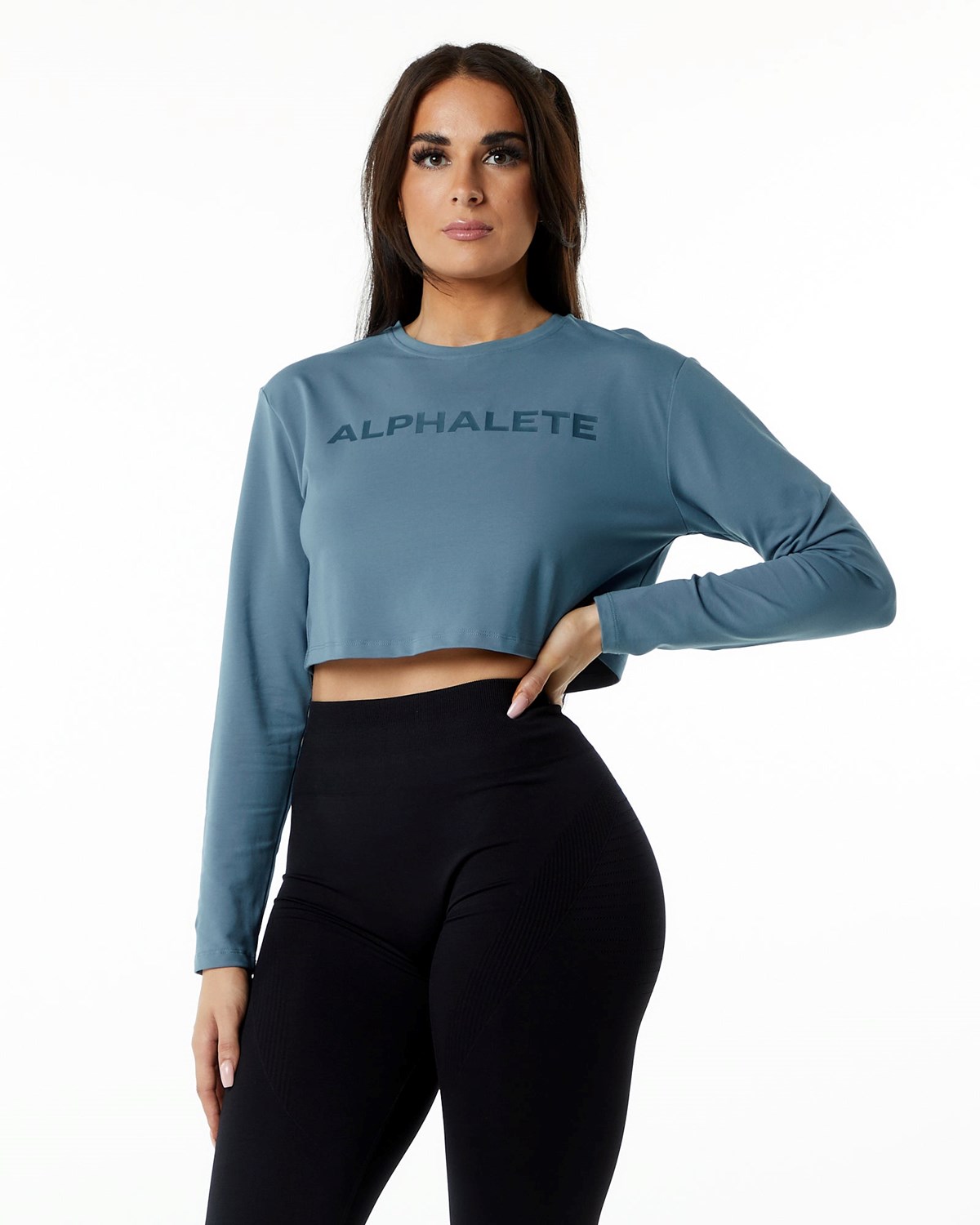 Alphalete Oversized Performance Long Sleeve Crop Niebieskie | 48673-MFTV