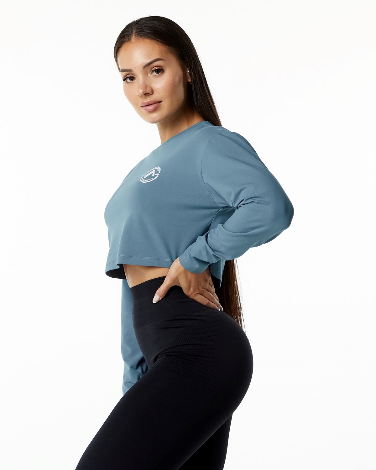 Alphalete Oversized Performance Long Sleeve Crop Niebieskie | 60573-DEIJ