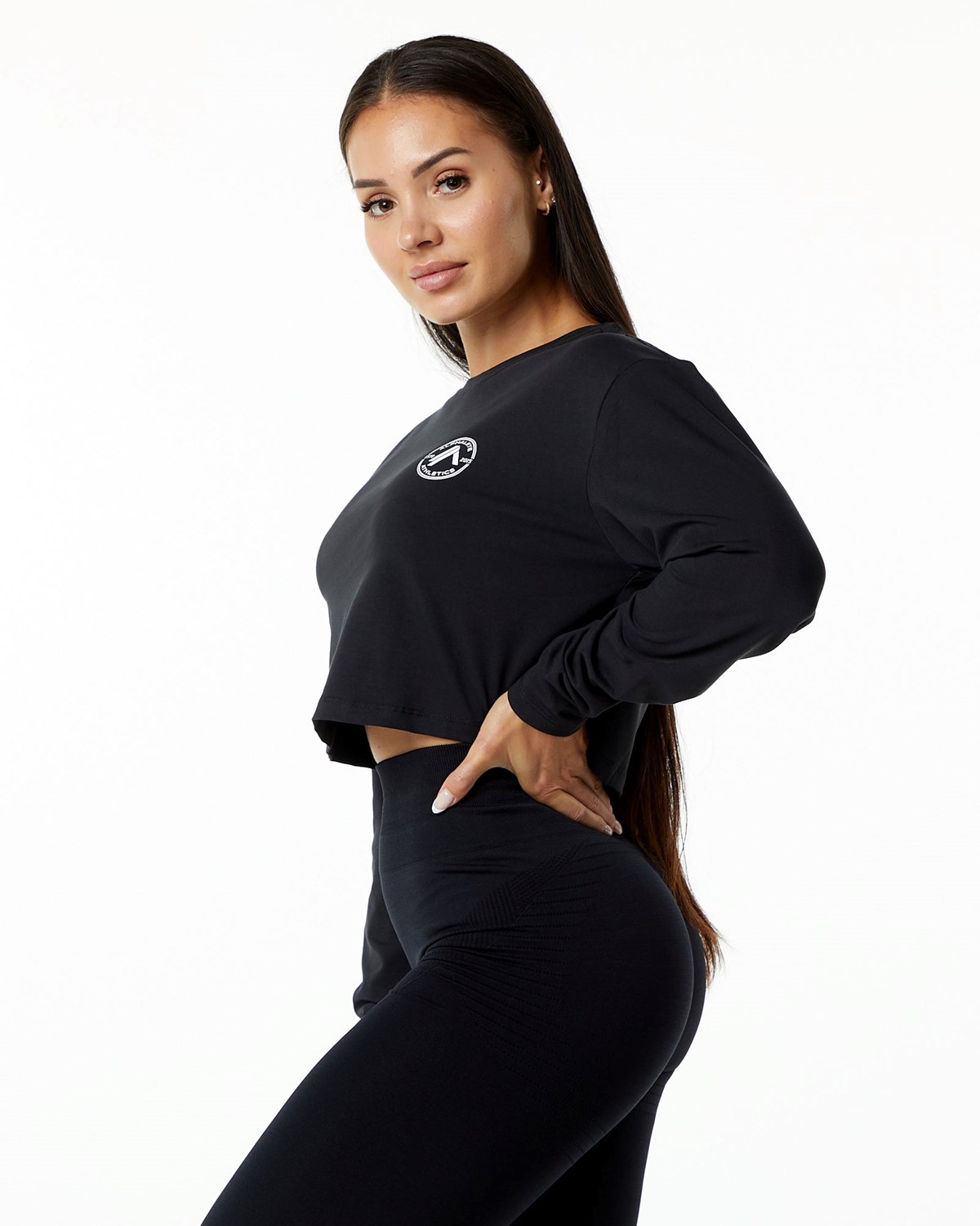 Alphalete Oversized Performance Long Sleeve Crop Czarne | 64809-LWJA