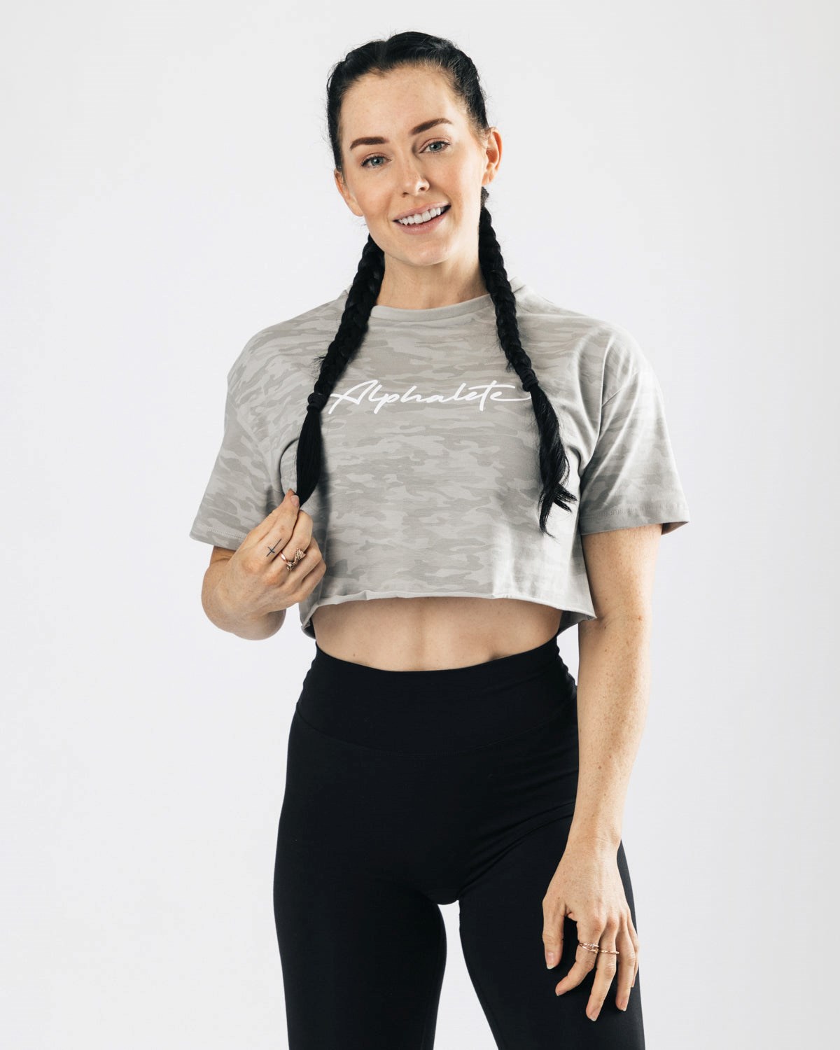 Alphalete Oversized Raw-Cut Krótkie Sleeve Crop Srebrne Camo | 61027-PSMU